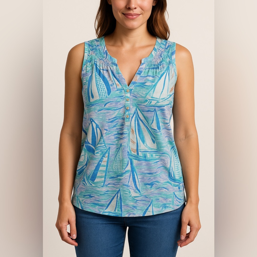 *Lilly Pulitzer Sailboat Print Sleeveless Top Size L | Coastal Summer Tank